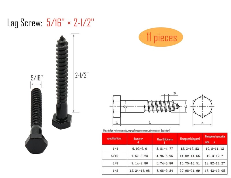 LBY 11pcs Lag Screws, 5/16" x 2-1/2" Hex Head Lag Screws Bolts (with Washers), Heavy-Duty Wood Screws for Decking & Structural Fastening, 304 Stainless Steel, (Black) - Image 3